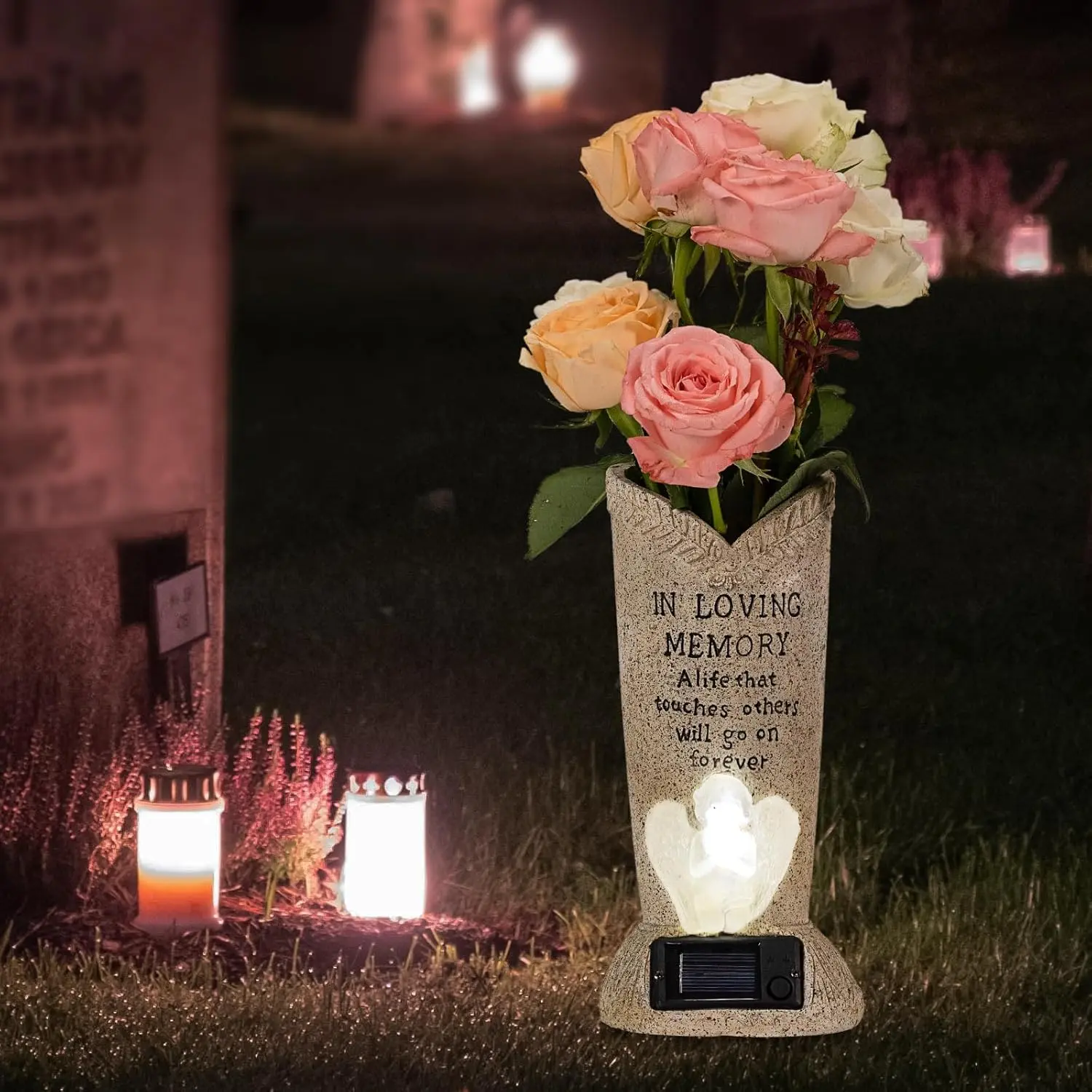 Solar Memorial Cemetery Flower Vase with LED for /Artificial Cemetery Grave Decorations Angel Statue Vase with Spikes Gravestone Decor