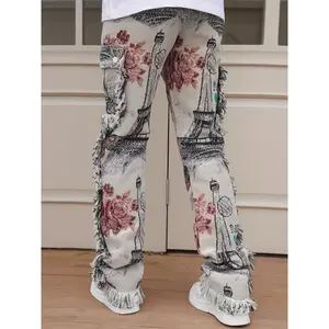 [Floral Print Pants] Trendy Loose-Fit Men's Floral and Butterfly Print Straight-Leg Pants - Polyester Non-Stretch Fabric with Frayed Edges for Spring/Fall