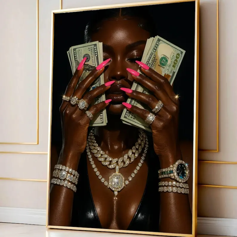 Luxury Afrocentric Black Woman Art Print, Old Money Aesthetics Black Woman Art, Gold Dimond Chain, Rich Girl Fashionable Glamour Chic Print