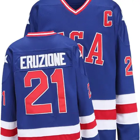 Men's #21 Miracle Movie Embroidered Letters Hockey Jersey - Long Sleeve Embroidered Polyester Mesh Single Layer Twill Athletic Fashion Activewear, Breathable Quick Dry Gym Wear with Airflow Holes, Fast Vents, S-XL Fit Range, S-XXXL Sizes for US Pride