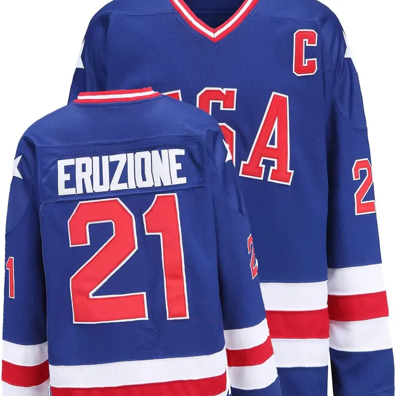 Men's #21 Miracle Movie Embroidered Letters Hockey Jersey - Long Sleeve Embroidered Polyester Mesh Single Layer Twill Athletic Fashion Activewear, Breathable Quick Dry Gym Wear with Airflow Holes, Fast Vents, S-XL Fit Range, S-XXXL Sizes for US Pride
