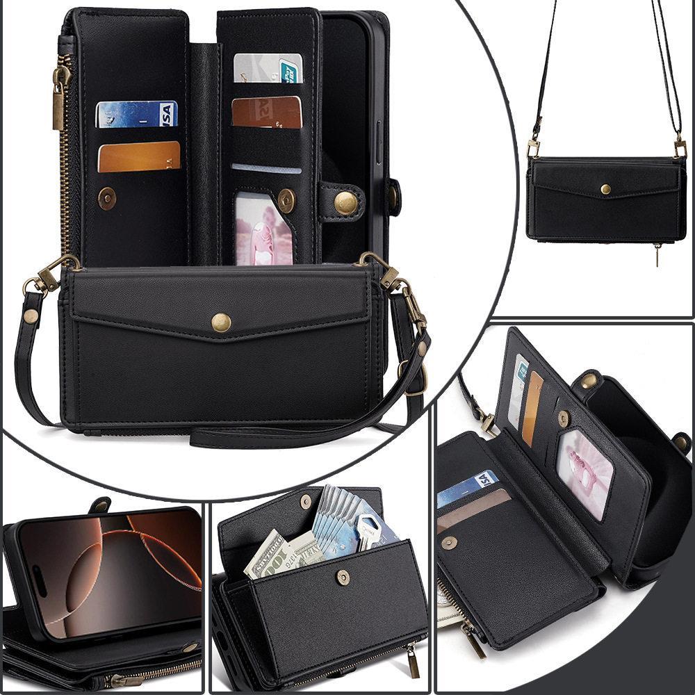 for iphone 17 pro max cases 16 16Plus 15 14 13 12 Pro Max Air Crossbody Wallet Phone Case, PU Leather Flip Purse Case with 5 Card Slots, Zipper Pocket, Adjustable Shoulder & Wrist Strap, Kickstand, Magnetic Closure, Multi-Functional Protective Phone Cover