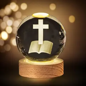 Auto-Color Changing 3D Bible Cross Crystal Ball Night Light with Wooden Base USB-Powered Glass Sphere Lamp for Home Decor Spiritual Gift for Christmas Birthday Easter Thanksgiving Decorative Lighting Fantasyinspired Design Usbpowered Lamp