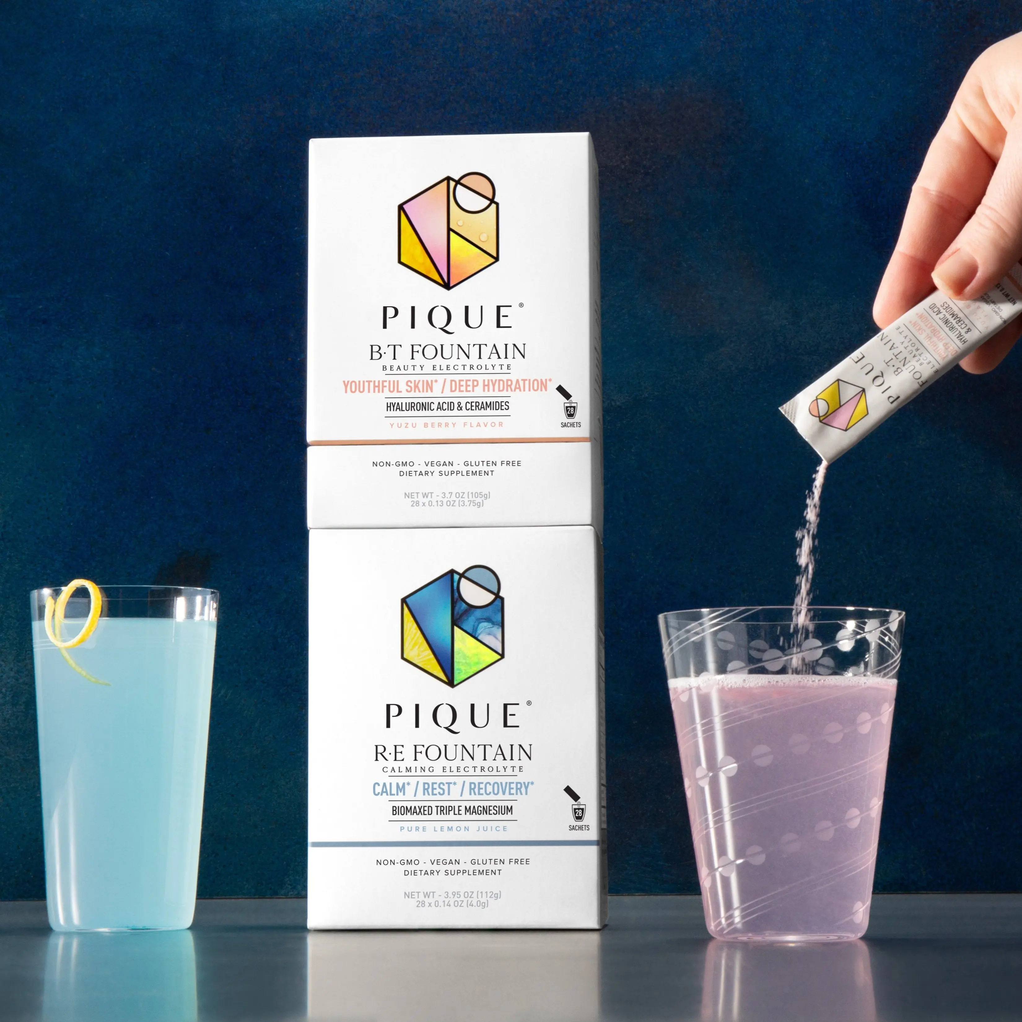 Pique Life Deep Hydration Protocol 28 servings of R·E Fountain (1 carton) | 28 servings of B·T Fountain (1 carton) | Claim an exclusive Fountain Glass Bottle | Hydration | Radiant Skin | Calm