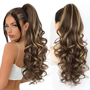 ALXNAN Ponytail Extension Claw Clip in Long Curly Chocolate Brown with Highlights  Ponytail Hair Extension Jaw Clip on Pony Tails Hairpiece for Women