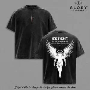 Repent Vintage Washed Oversized Christian T-Shirt, Angel Wings Faith Graphic Tee,“Kingdom of Heaven Has Come Near”Gospel Streetwear Top,Heavy Cotton Unisex Retro Worship Shirt