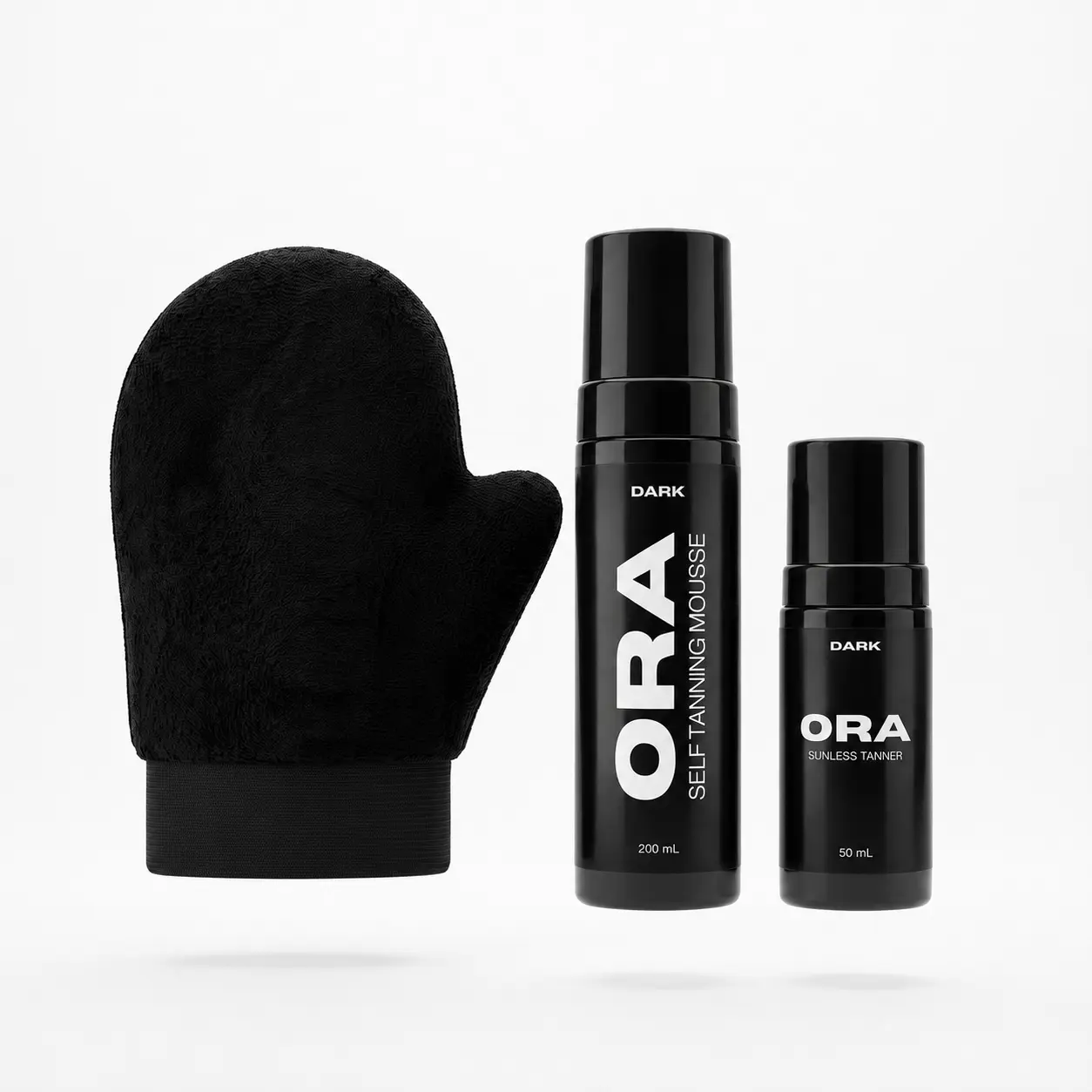 ORA Dark Self Tanning Mousse Travel Kit - 200mL Self Tanner + TSA-Approved 50mL Travel Size + Premium Velvet Applicator Mitt | Streak-Free Sunless Tanner for Men, Natural Looking Fake Tan, Muscle-Defining, Fast-Drying, Vegan & Cruelty-Free