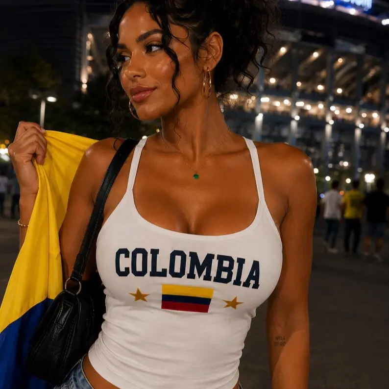 Embroidered Colombia Crop Tank Top: Colombia Flag Soccer Strap top, Patriotic soccer game Outfit, Cute Y2K Gameday Sports Gift for Women