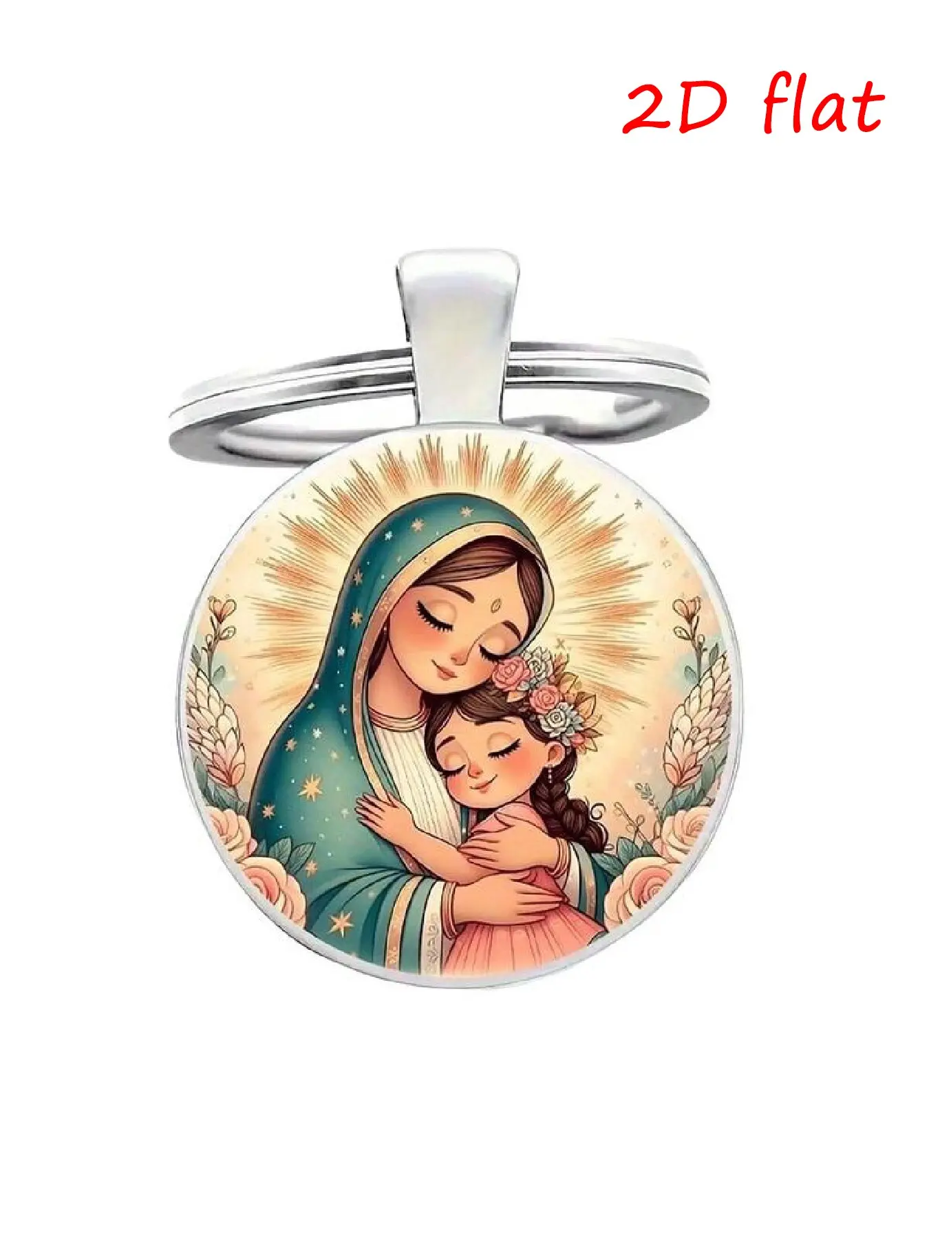 Floral Mary Design Time Memorial Gem Keychain, Fashion Alloy Glass Round Keyring, Women's Decorative Accessory, Mother's Day Gift