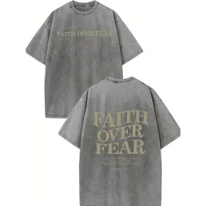 Holafish FAITH OVER FEAR Men's 230 High-quality Cotton Vintage Trendy Brand T-shirt,Short Sleeved Round Neck T-shirt,Acid Wash Summer Basic Tees