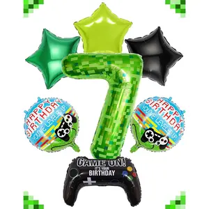40-Inch Green Pixel Number 7 Balloon Set with Mining Foil Balloons for Video Game Birthday Decor
