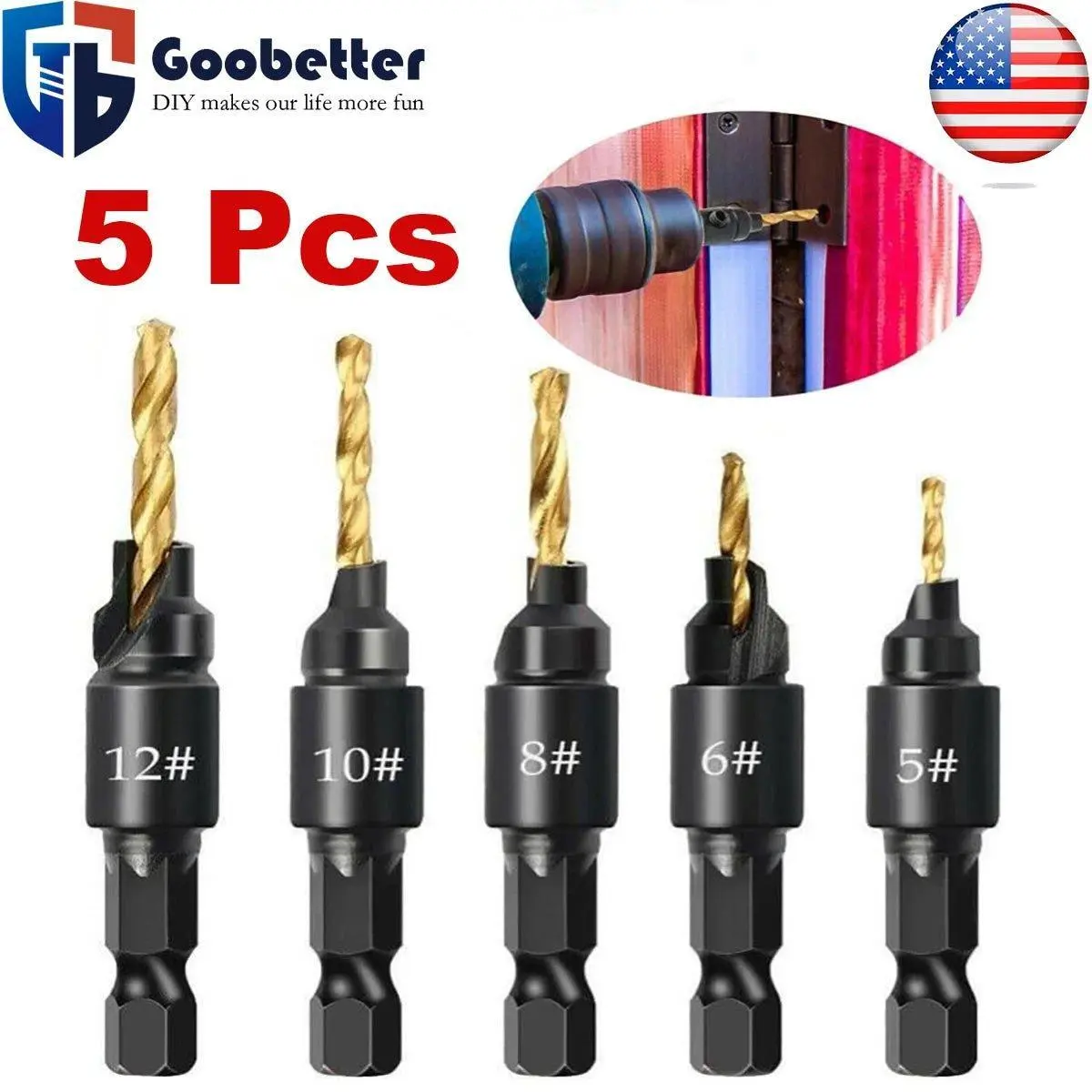 5-Piece HSS Steel Countersink Drill Bit Set, Hex Shank Standard Size Inches Power Tool Accessory for Countersinking Drilling Needs, Hex Handle