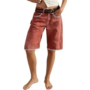Flamingals Stitch Detail Mid Waist Bermuda Shorts Without Belt Stretchy 11.0'' Inseam