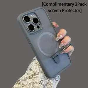 [Complimentary 2Pack Screen Protector] Magnetic Stand Phone Cases for iPhone 11 12 13 14 15 16 17 Pro Max Plus Semi-Transparent Matte Frosted SlimHard Back with Soft Edges Magsafe Wireless ChargingLens Protection case for iphone 17 Pro Max