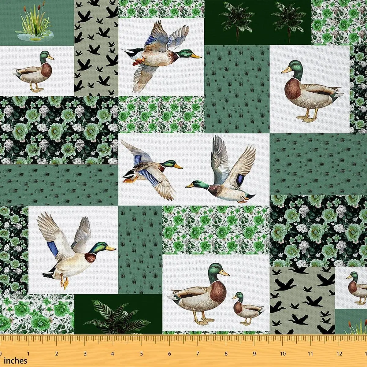 Mallard Duck Fabric,Cabin Hunting Animal Upholstery Fabric Chairs Sofa,Farmhouse Patchwork Waterproof Outdoor Decor,Green White
