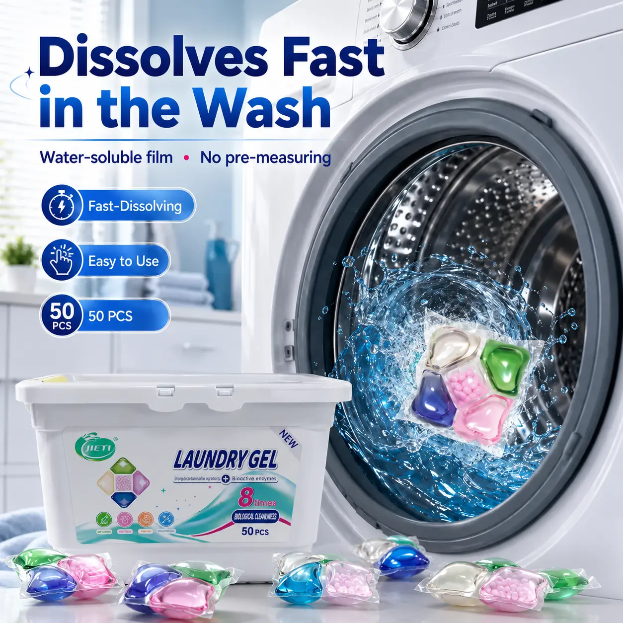 5-in-1 Laundry Detergent Pods, 50 Count Fast Dissolving Laundry Gel Pods, Deep Cleaning, Odor Removal, Color Protection & Fabric Care, Toss & Wash for Everyday Laundry