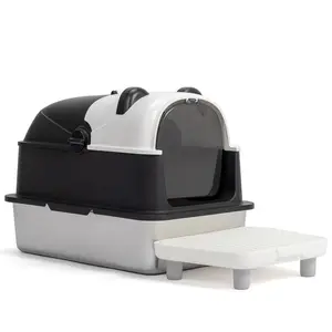 Stainless Steel Cat Litter Box with Cute Panda Design |   Extra Large Enclosed Metal Litter Box with Lid, High Sides, Anti-Leak Filter Pedal & Scoop – Easy to Clean & Odor-Free