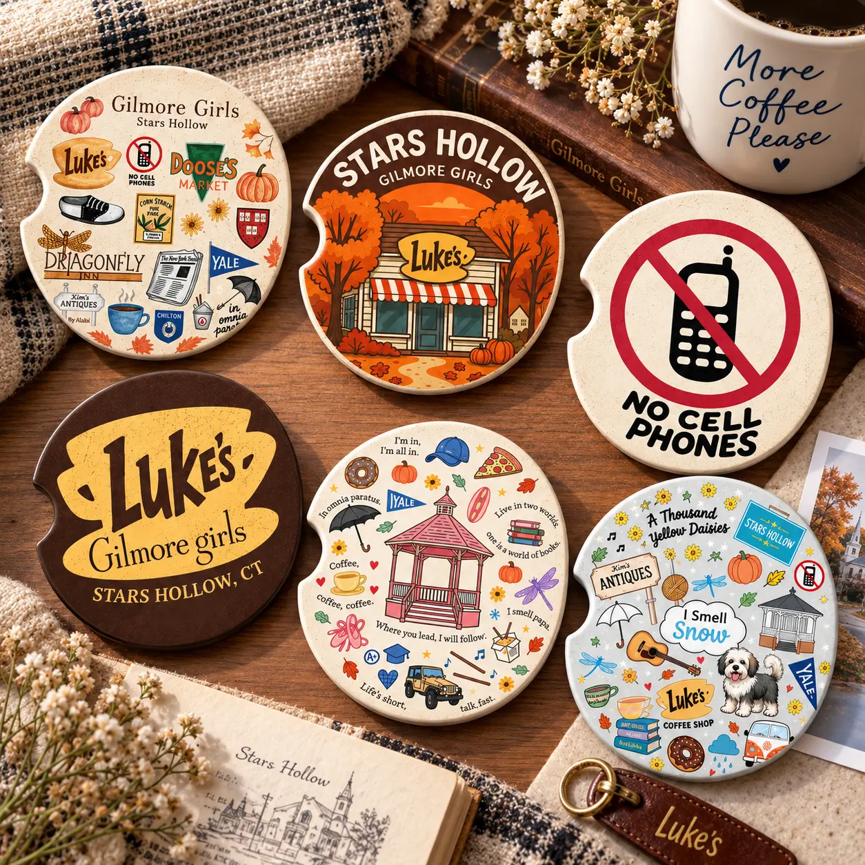 Girlmore Girls Cozy Small Town Coffee Car Coasters, Star Hollow Autumn TV Inspired Soapstone Cup Holder Set Book Lover Fall Gift Cute Cafe Decor Small Town Style