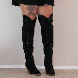 Ariana - Over The Knee Rhinestone Boots Stacked Heel Design Glamorous Bold for Evening Events Winter Stylish Pointed Toe Pull On Closure