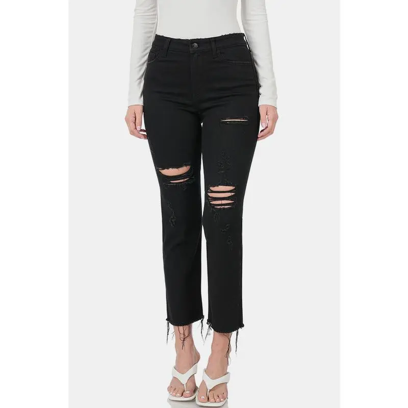 Zenana Distressed Raw Hem Cropped Jeans