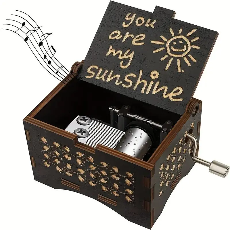'You Are My Sunshine' Letter Pattern Music Box - Hand Crank Wooden Laser-Engraved Unique Vintage Home Decoration Ornaments Decorative Music Box - Ideal Gift for Birthdays, Anniversaries & Weddings