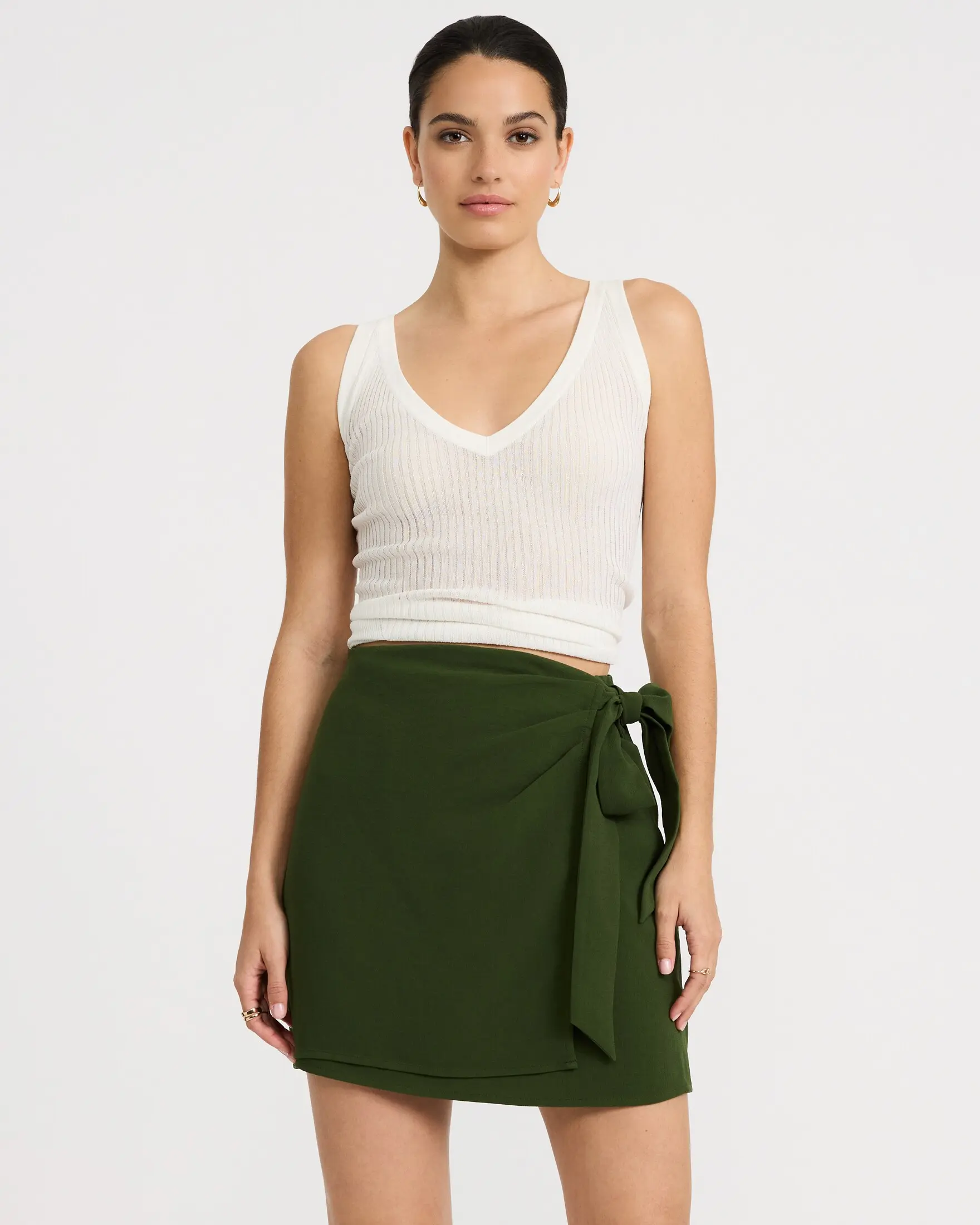 Express Women's High-Rise Signature Crepe Mini Skirt, Pull-On Wrap Front Style with Tie Waist, Sizes S, M, L