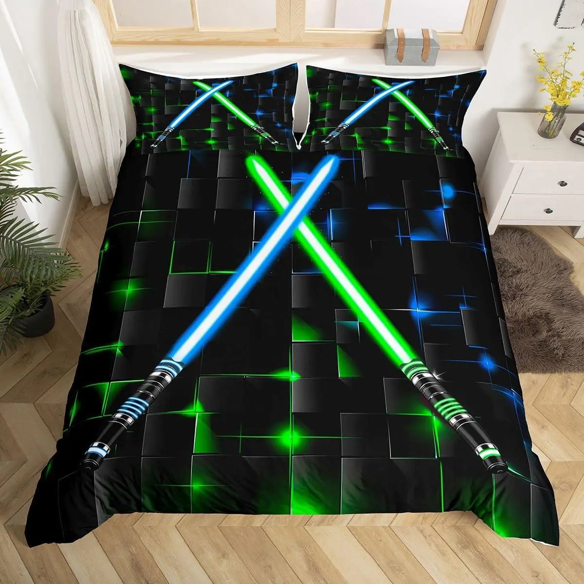 Blue Green Light Up Sword Duvet Cover,Geometric Grid Comforter Cover Modern Abstract Square Plaid Bedding Set Fashion Black Checkered Quilt Cover