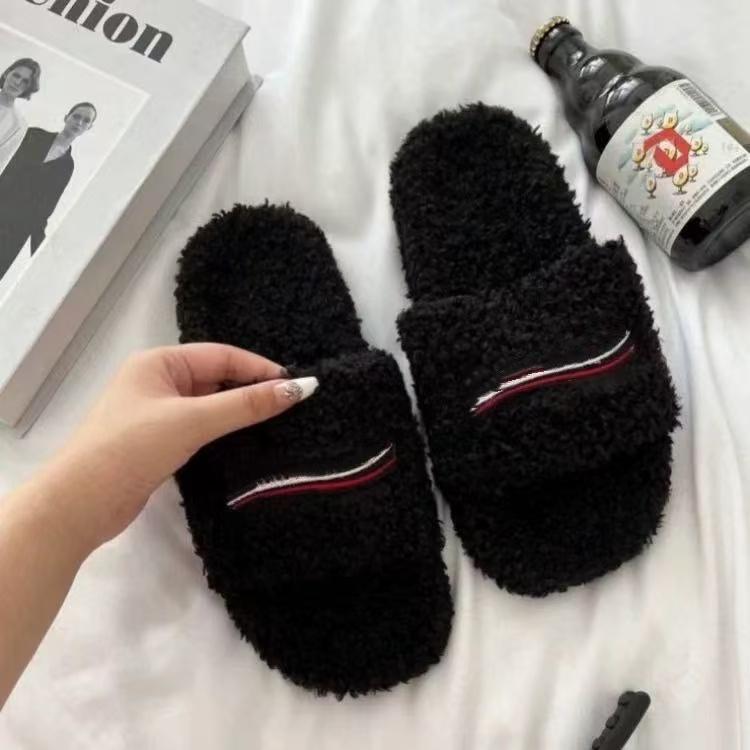 Men's & Women's Luxury Black Fuzzy Curly Fur Slide Sandals with RWB Stripe