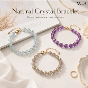 Women's Adjustable Wire-Wrapped Natural Crystal Beaded Bracelet with Light Blue, Gray, Purple Gemstones - Daily Wear Jewelry for Women, Ideal Gift