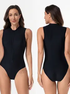 Summer Beach One-Piece Sleeveless Swimsuit, Fashionable Women's Swimwear, Front Zip Design, Perfect for Beach Trips and Pool Parties
