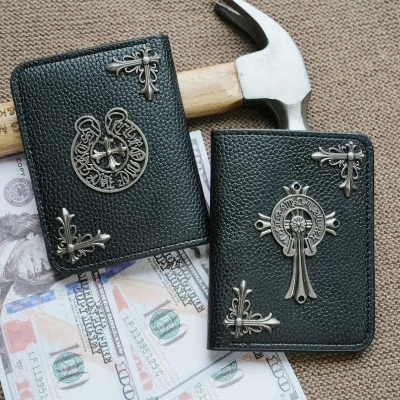 Vintage Gothic Cross Bifold Wallet for Men – Black Faux Leather Wallet with Silver Cross Hardware, Unique Punk Style Gift