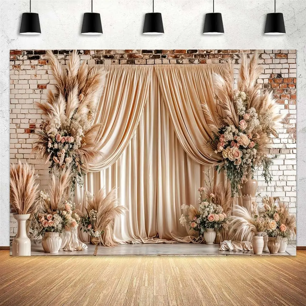 Boho Floral Wedding Backdrop Beige Vintage Style Polyester Fabric Photography Background Wrinkle Resistant HD Print Party Decor Photo Booth