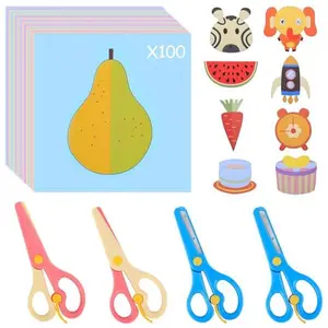 Toddler Scissors 100 Paper Cutting+2 Plastic Scissors Safety Scissors Craft Set for Kids Easter Children‘sday Gift