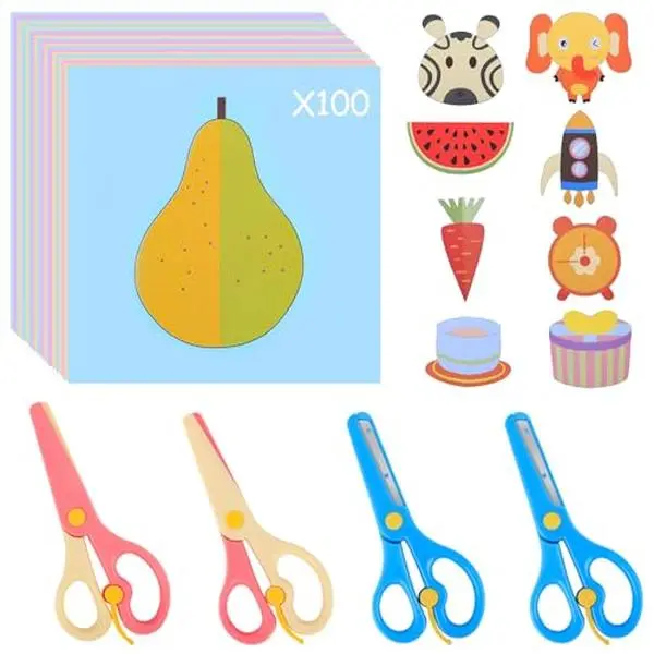 Toddler Scissors 100 Paper Cutting+2 Plastic Scissors Safety Scissors Craft Set for Kids Easter Children‘sday Gift