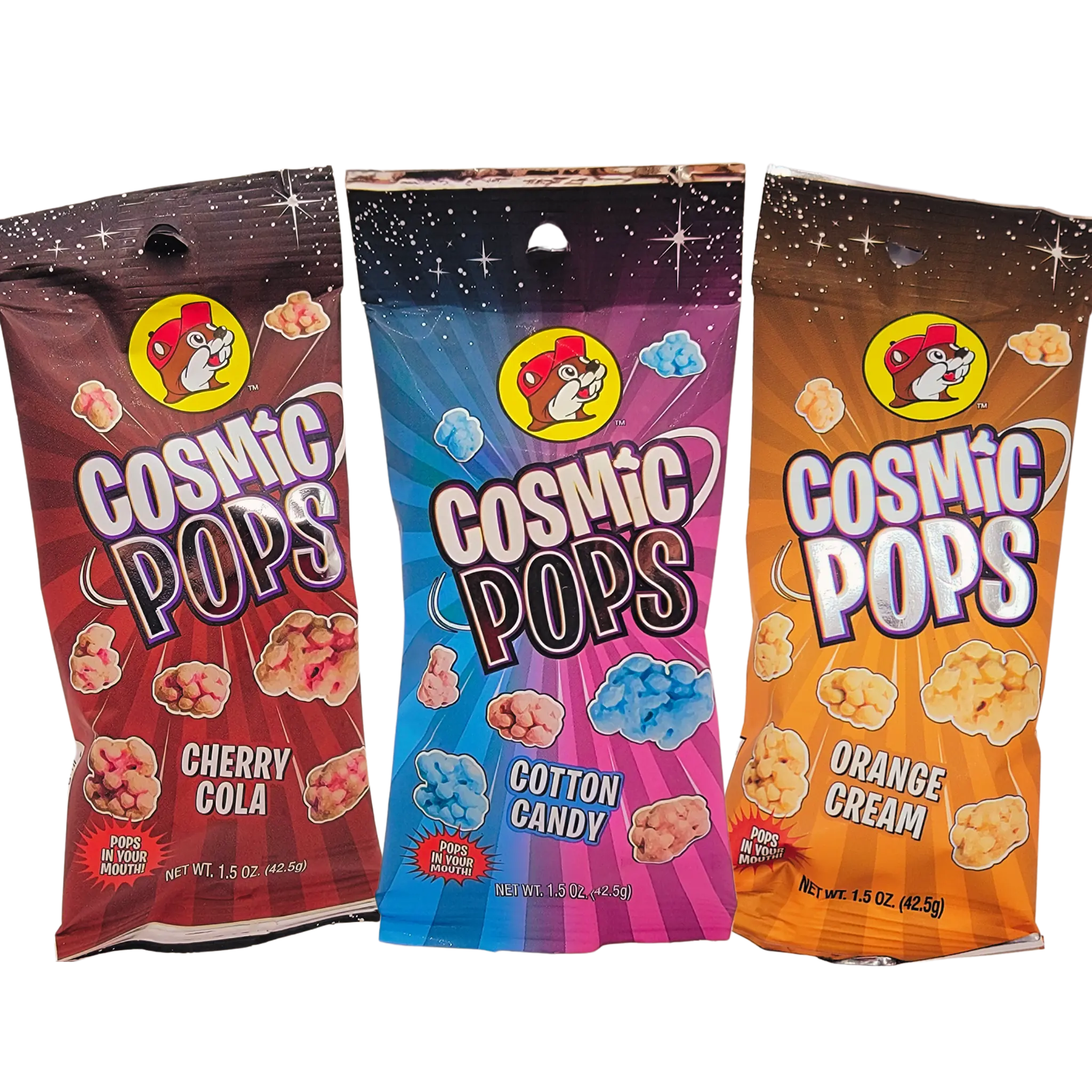 Buc-ee's Sweet Crackling Cosmic Pop Crystal Candy 3-Flavor Bundle - 1.5 oz Bags, 6 Months Shelf Life, Unique Snacks Including Cotton Candy, Orange Cream, Cherry Cola Varieties
