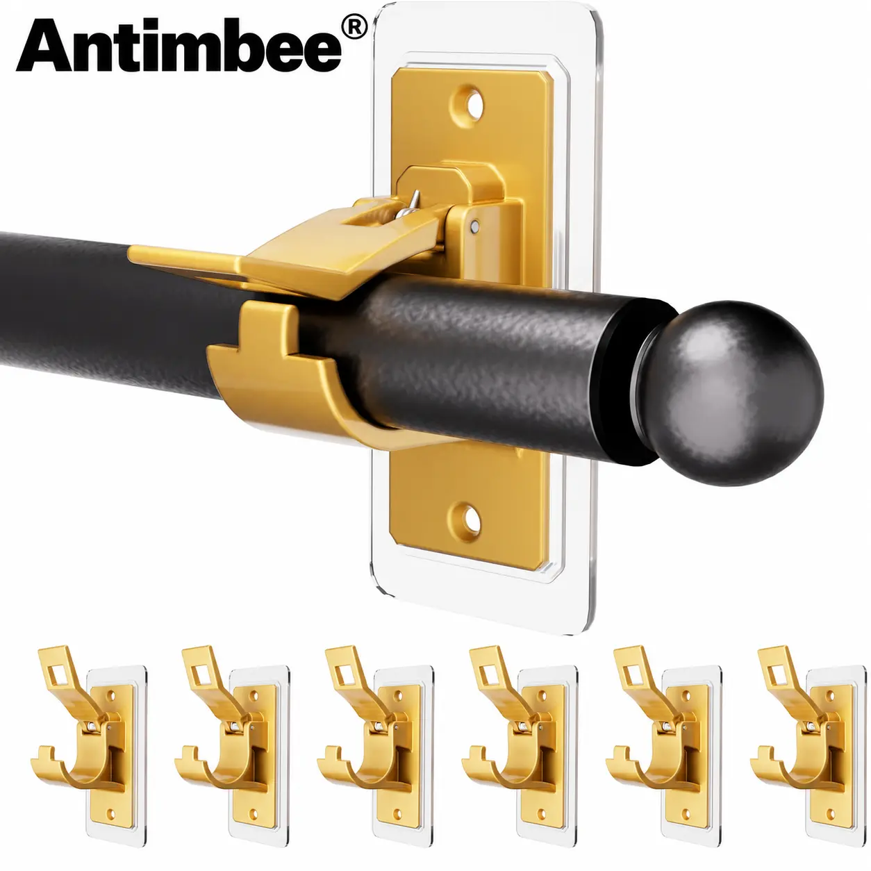 Antimbee 6PCS No Drill Curtain Rod Brackets - Removable Adhesive Hooks & Rails, Renter-Friendly Damage-Free Heavy-Duty Mounting Bracket Hooks (20lbs Load, 0.5in-1.18in Fit) with Acrylic Gel for Bathroom, College Dorms