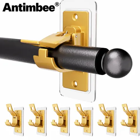 Antimbee 6PCS No Drill Curtain Rod Brackets - Removable Adhesive Hooks & Rails, Renter-Friendly Damage-Free Heavy-Duty Mounting Bracket Hooks (20lbs Load, 0.5in-1.18in Fit) with Acrylic Gel for Bathroom, College Dorms