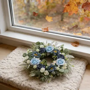 Elegant Blue Wreath, Mixed Blue Roses, Hydrangea Flowers, Eucalyptus Leaves, Daisies, All-Season Porch and Entrance Decoration