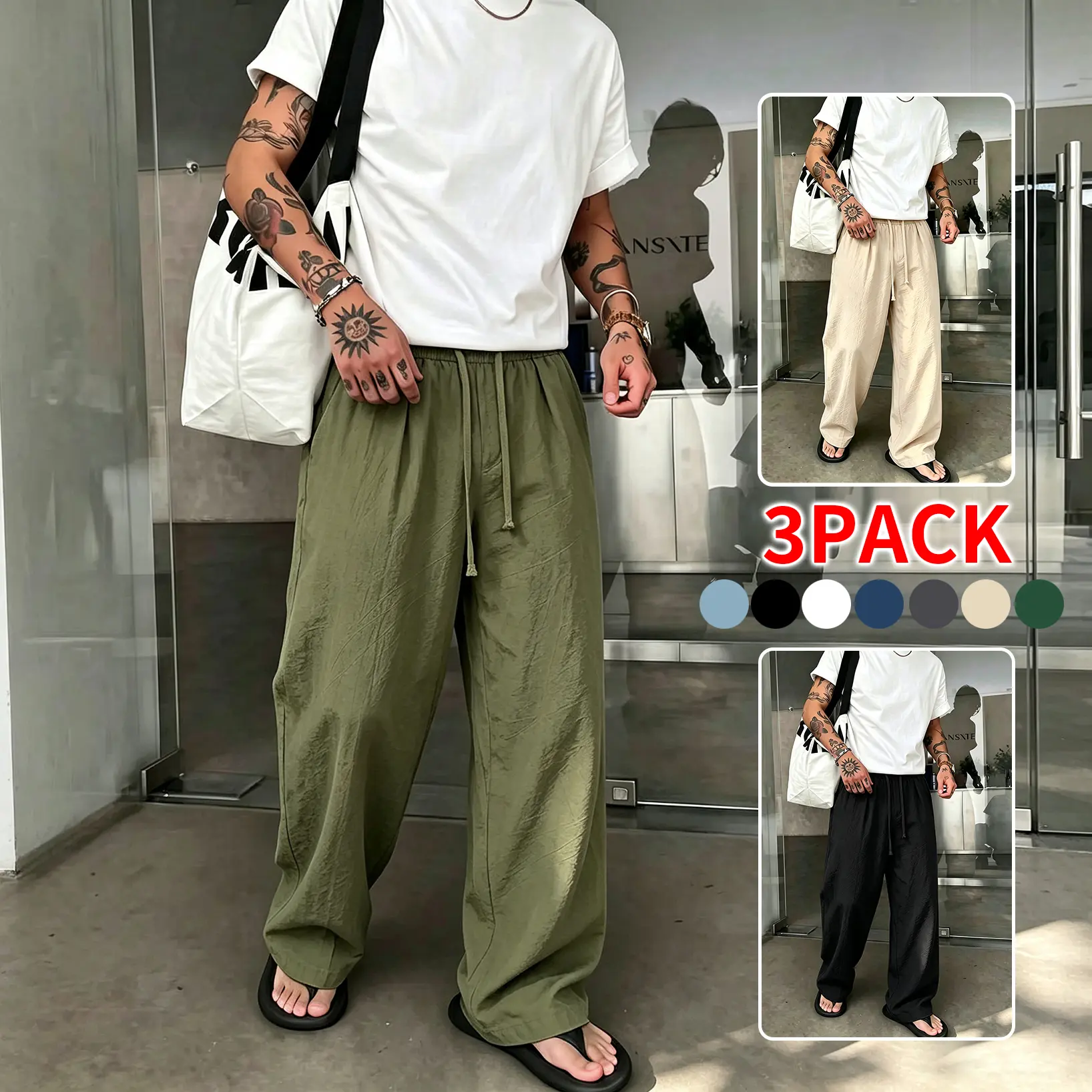 3-Pack / 1-Pack Men’s Lightweight Linen Wide-Leg Pants, Wrinkle-Free Loose Casual Trousers with Drawstring Elastic Waist, Breathable Summer Baggy Pants That Don’t Stick to the Skin, Comfortable Leisure Pants for Men’s Daily Outings