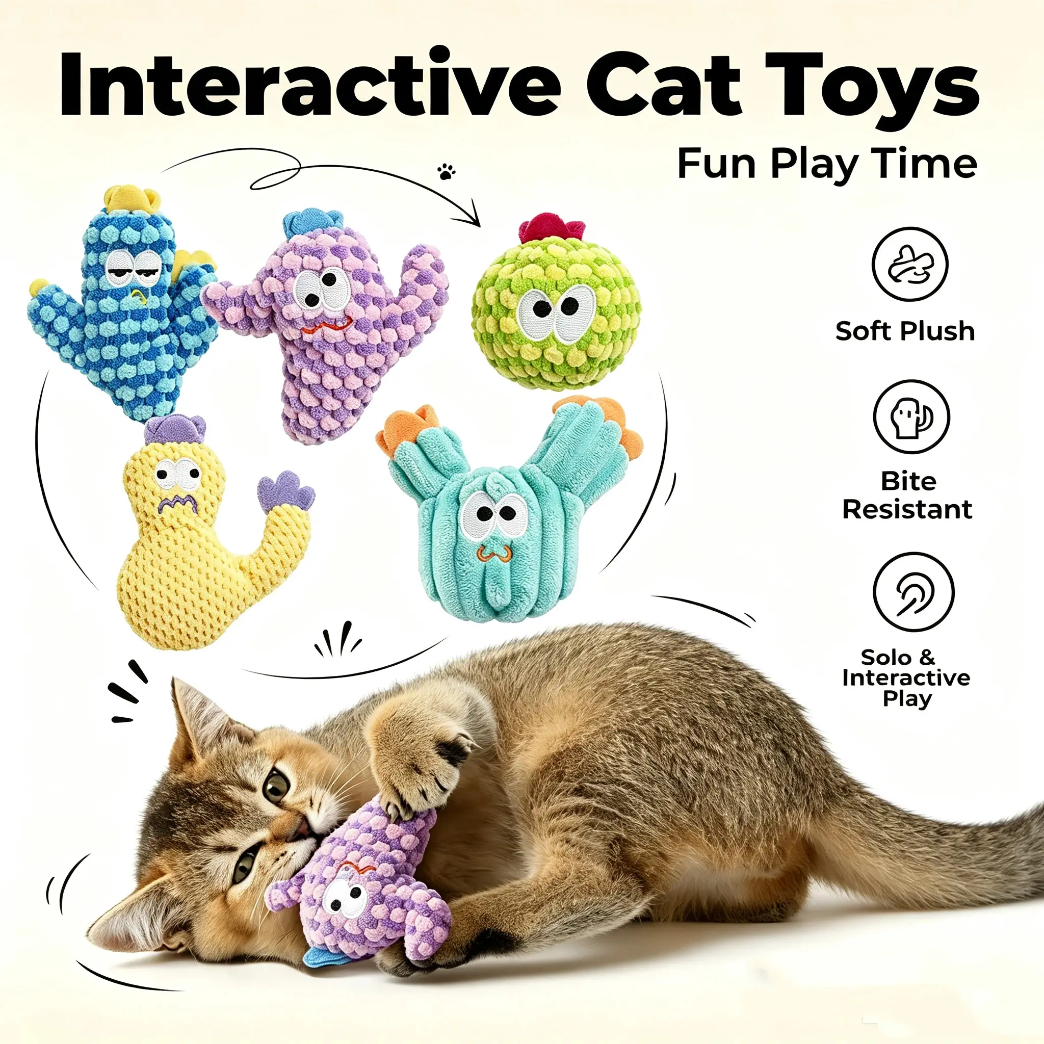 5 Pack Cactus Catnip Toys, 100% Organic Catnip Toys for Indoor Cats, Interactive Plush Chew Fun Without Cotton, Teething Soft Kittens Toys for Kitty, Colorful