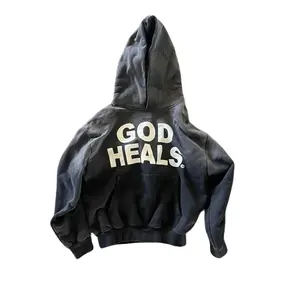 God Heals Print Men's Zip-Up Hoodie - Inspirational Streetwear Essential, Breathable Polyester Blend, Loose Fit, Oversized Typography, Casual Christian Fashion