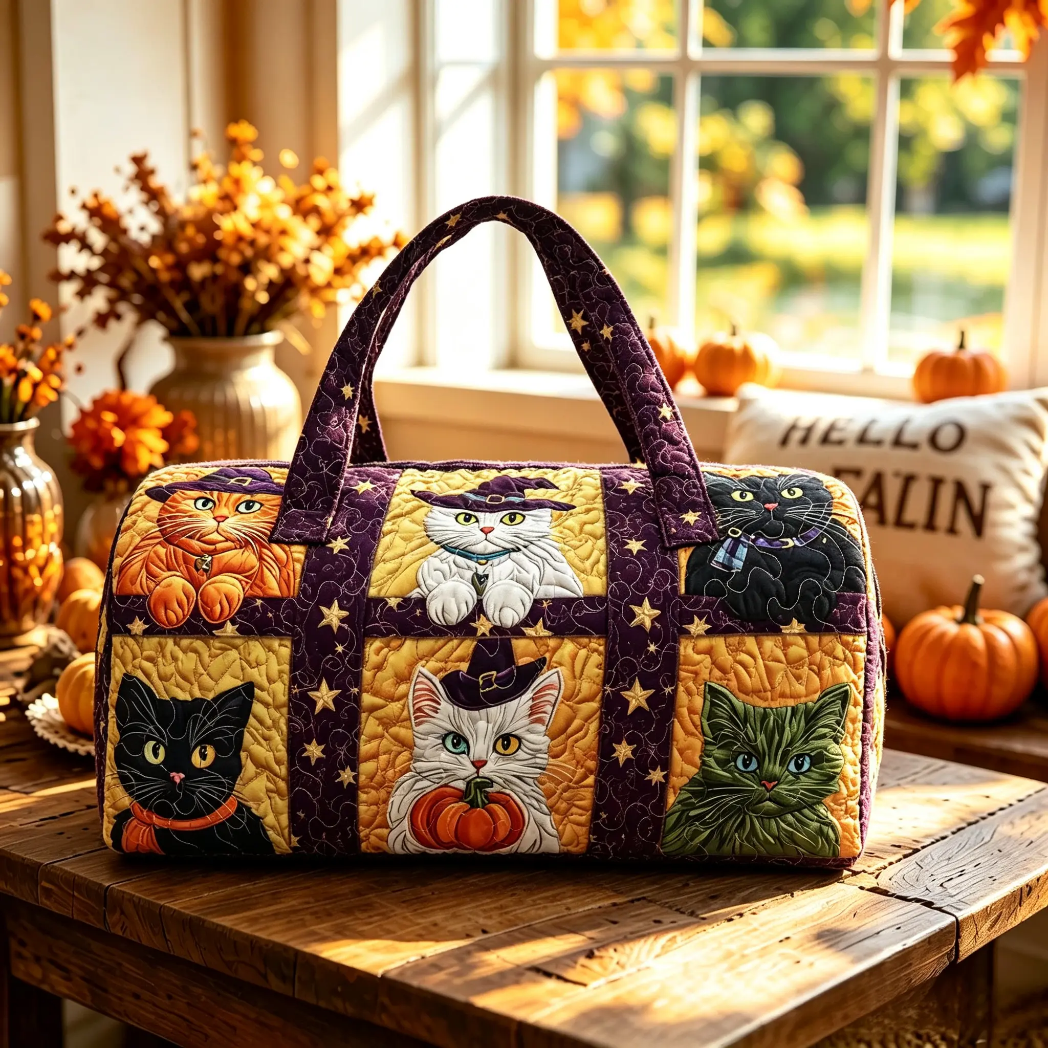 Halloween Cat Quilted Travel Bag, Pumpkin Witch Cat Weekender Duffel, Large Capacity Carry-On Tote for Weekend Getaways, Fall Seasonal Gift for Women Cat Lovers