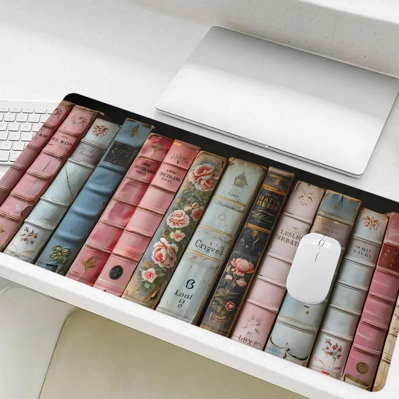 Vintage Books Pattern Mouse Pad, Computer Mouse Pad, Large Non-Slip Rubber Base Stitched-Edge Desk Pad, Office Desk Accessory for Laptop & Desktop, Non-Slip Mousepad