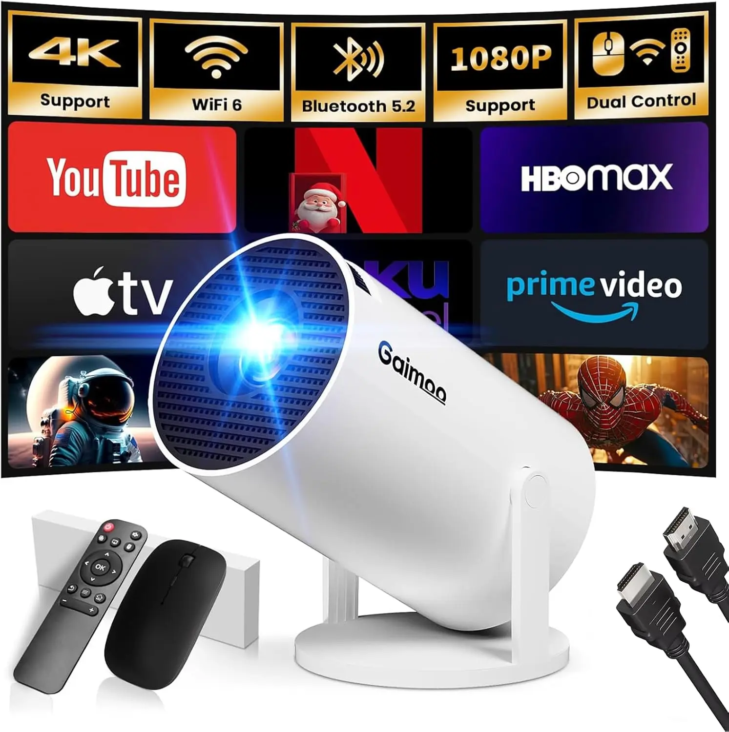 Mini Projector 4K with Bluetooth 5.4 WIFI6, 5watt Sound Base Speaker,160 ANSI, Android 11,210° Rotation, Auto Keystone Correction Video Projector HY300 ULTRA