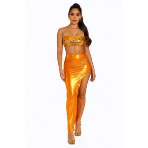 Women's 2-Piece Metallic Sequin Sleeveless Crop Top & Skirt Set - Soft, Comfortable Spandex Fabric, Flattering Matching Fit, Statement Womenswear Clothing Set