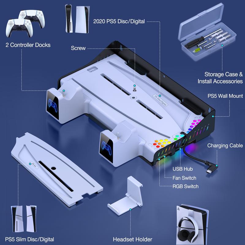 BEBONCOOL For PS5 Slim Cooling Stand Dual Controller Charging Station for Playstation 5 Console  Wall Mount Cooling Station PS5 Charger