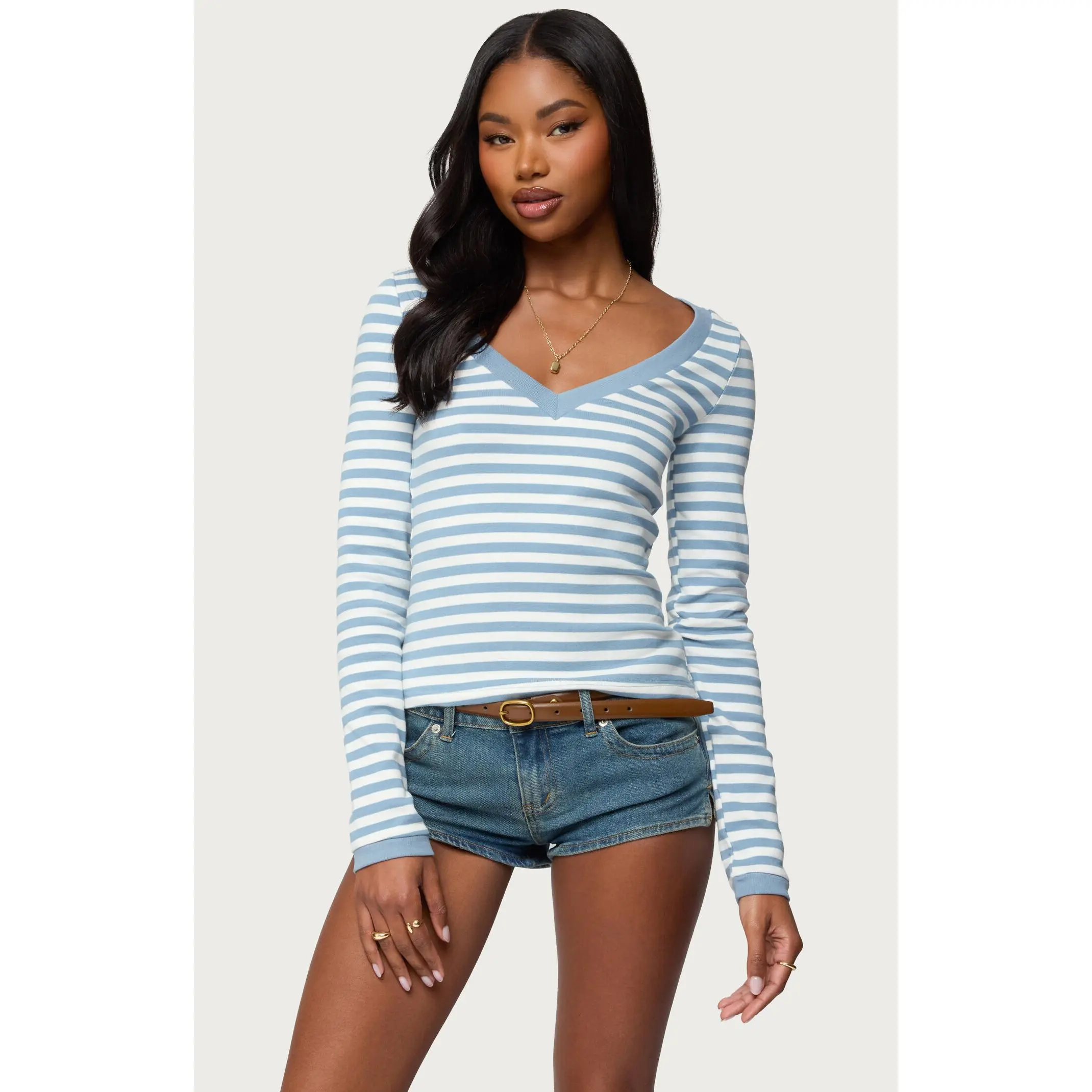 Edikted Women's Kimi Striped Long Sleeve V Neck Top