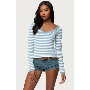Edikted Women's Kimi Striped Long Sleeve V Neck Top