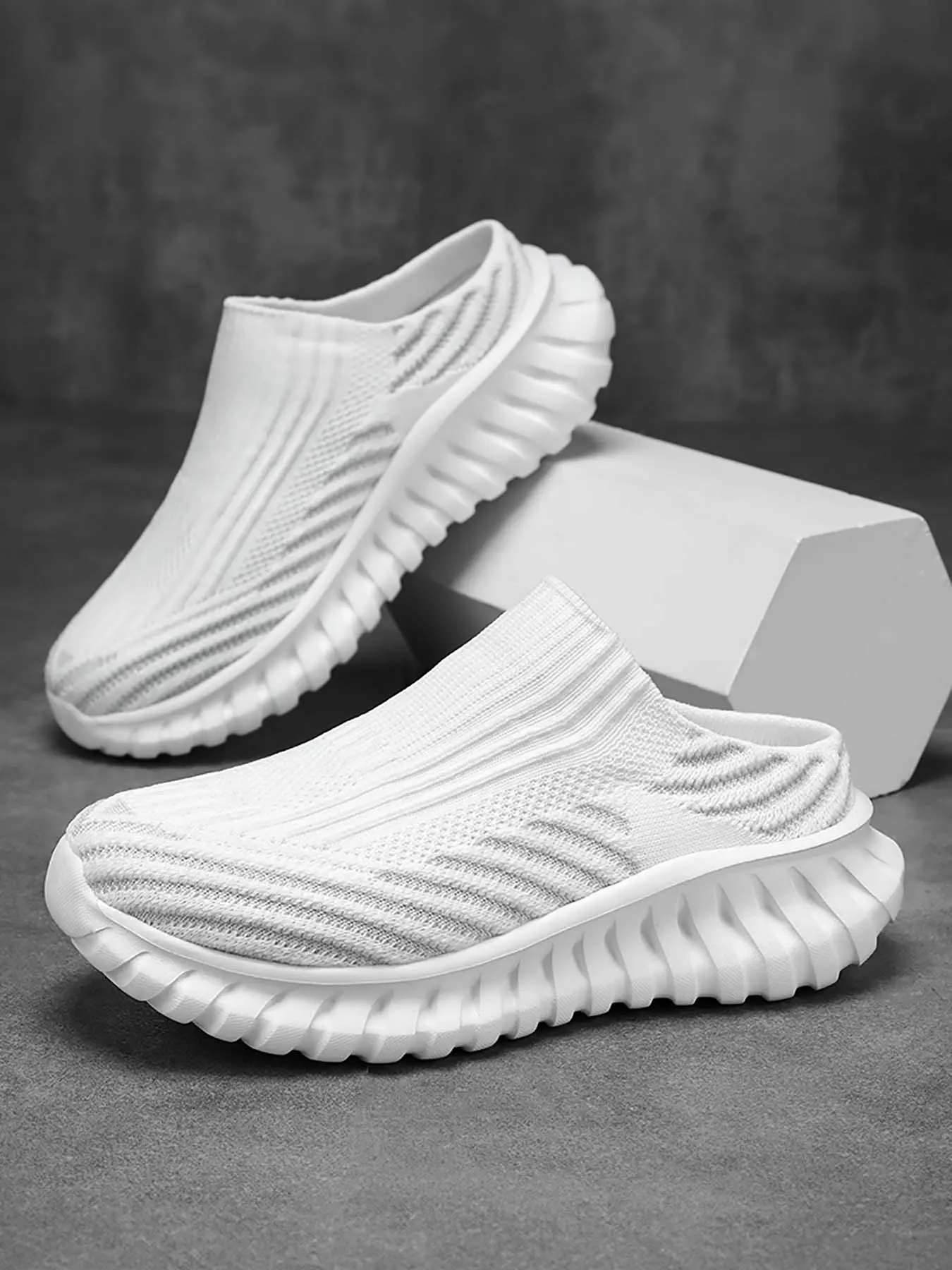 Women's Knit Flyknit Slip-On Mule Sneakers, Thick-Soled Casual Shoes, Breathable Non-Slip Outdoor Slippers, All-Match Elevator Shoes for Daily Wear