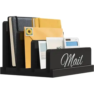 Mail Organizer for Desk, Wooden Mail Holder with Divider, 3-Slot Letter Sorter File Holder, Vertical Bill Organizer for Desktop Document Notebook Filing Folders Paper